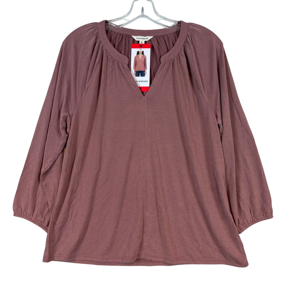 NWT Lucky Brand Womens‎ Rosewood Modal Blend Split Neck 3/4 Sleeve Top •M• Boho